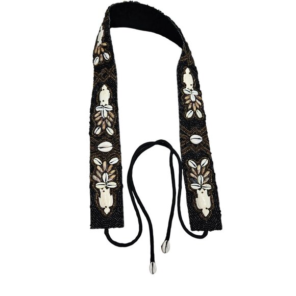 Handcrafted Beaded Black Beige Bohemian Belt Cowrie Shells‎ Carved Turtle Tie - Picture 1 of 11